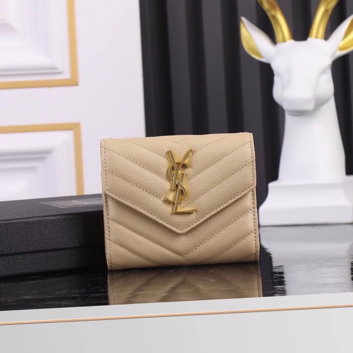 Saint Laurent YSL SLP Tri-Fold Wallet in Caviar Peach with Gold Hardware