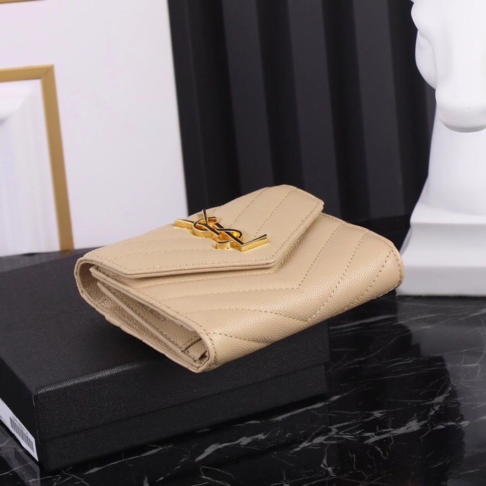 Saint Laurent YSL SLP Tri-Fold Wallet in Caviar Peach with Gold Hardware