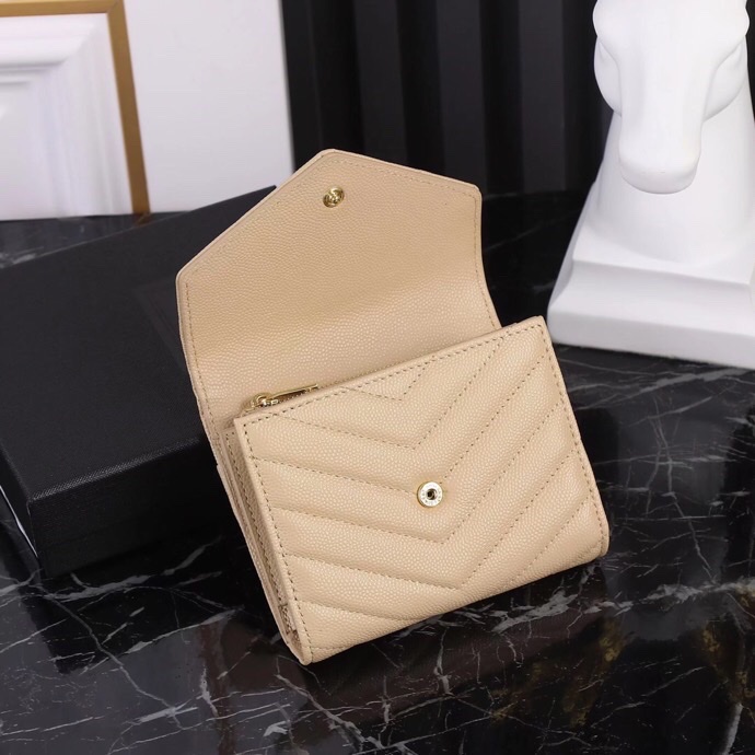 Saint Laurent YSL SLP Tri-Fold Wallet in Caviar Peach with Gold Hardware