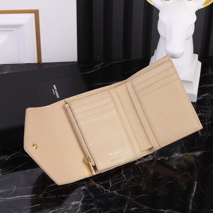 Saint Laurent YSL SLP Tri-Fold Wallet in Caviar Peach with Gold Hardware