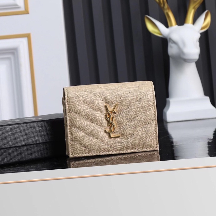 Saint Laurent YSL Caviar Short Wallet in Caviar Beige with Gold Hardware