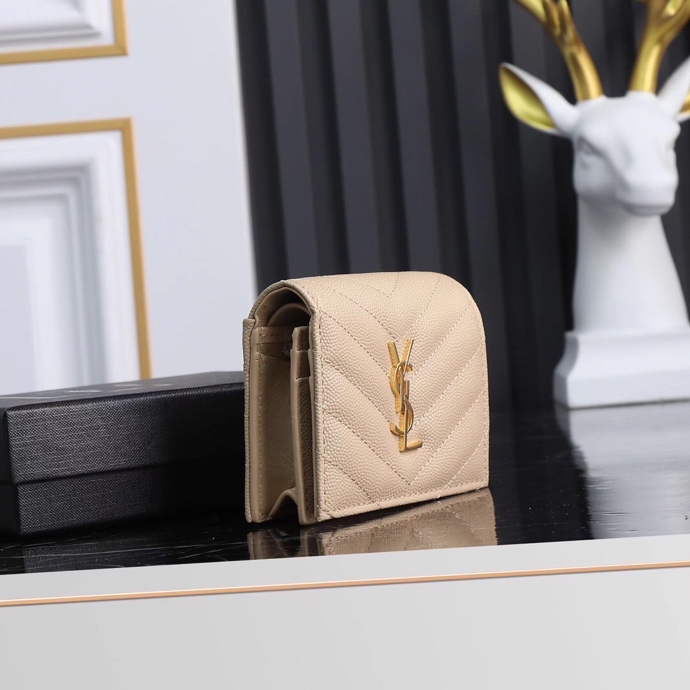 Saint Laurent YSL Caviar Short Wallet in Caviar Beige with Gold Hardware