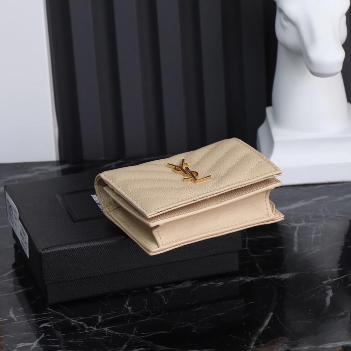 Saint Laurent YSL Caviar Short Wallet in Caviar Beige with Gold Hardware