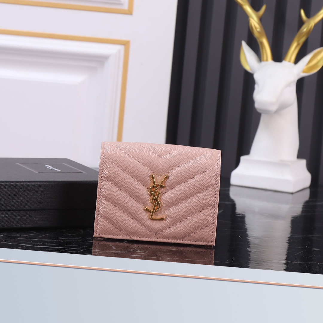 Saint Laurent YSL Caviar Pink Short Wallet with Gold Hardware