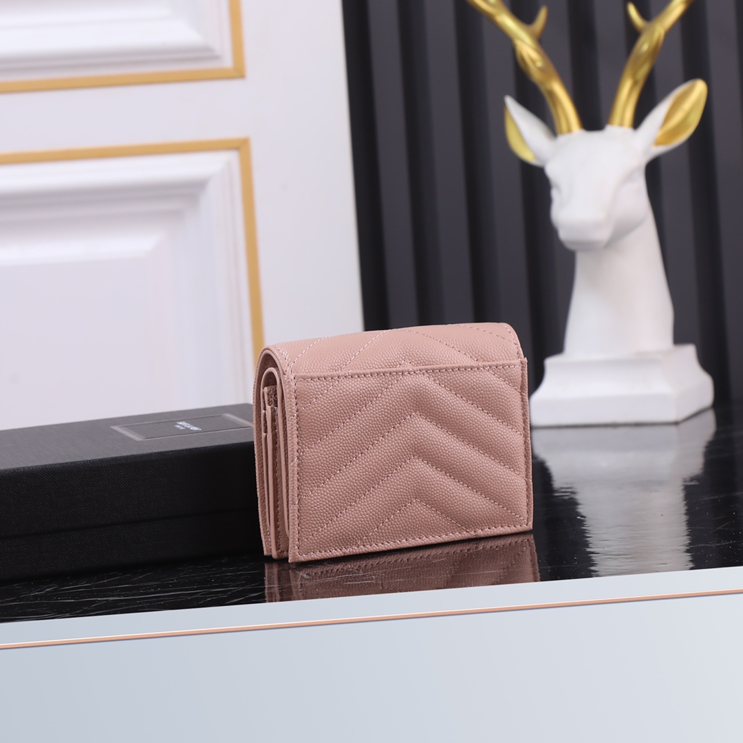 Saint Laurent YSL Caviar Pink Short Wallet with Gold Hardware