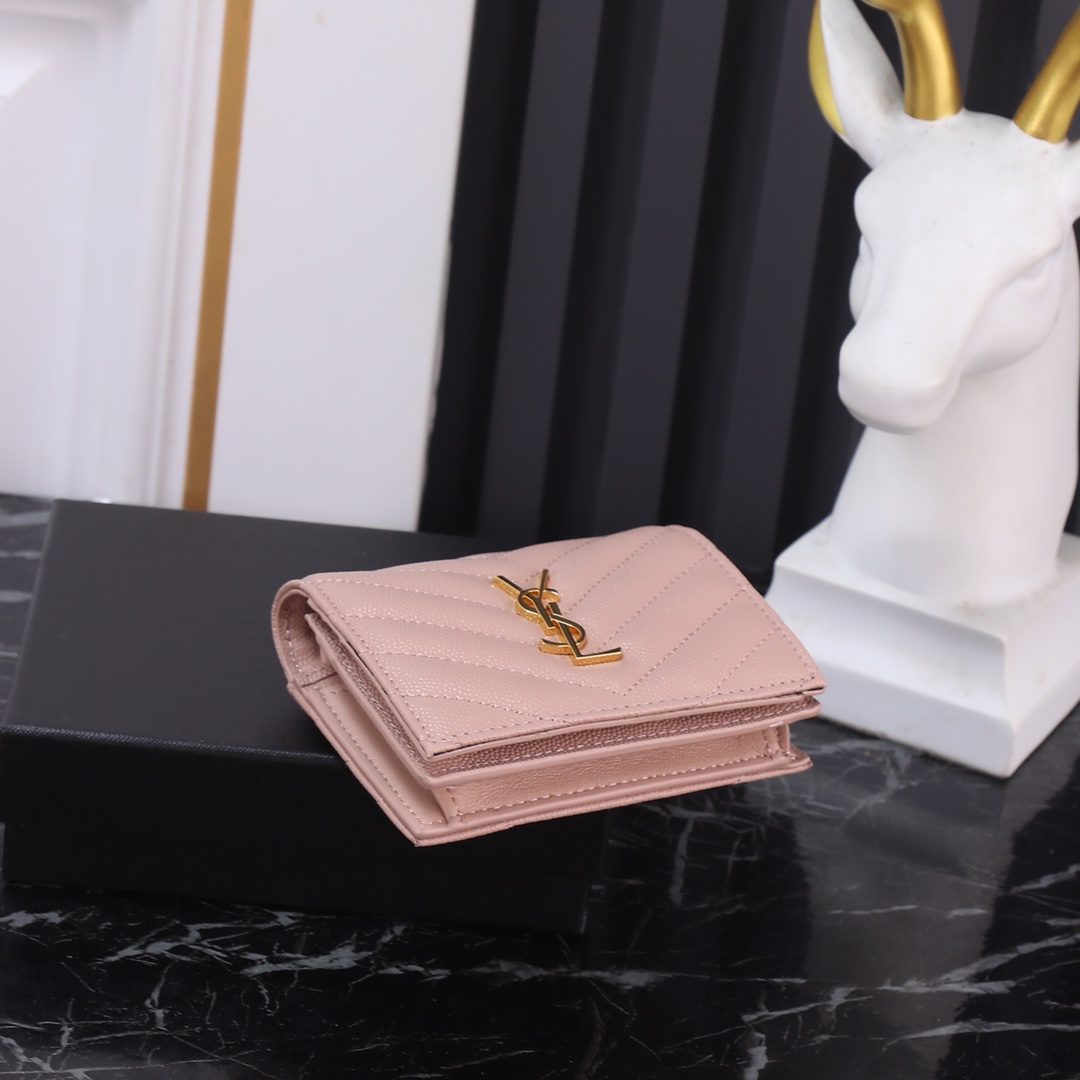 Saint Laurent YSL Caviar Pink Short Wallet with Gold Hardware