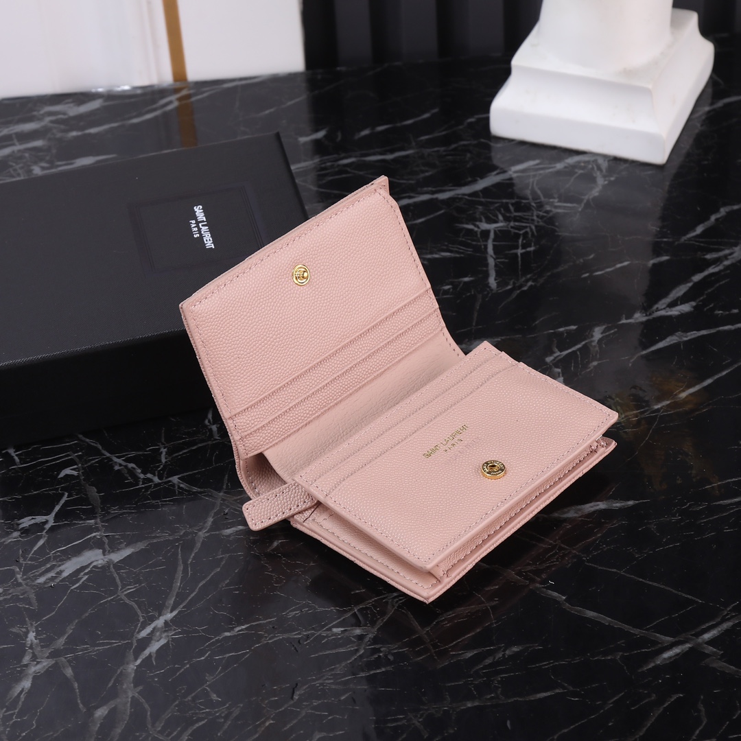 Saint Laurent YSL Caviar Pink Short Wallet with Gold Hardware