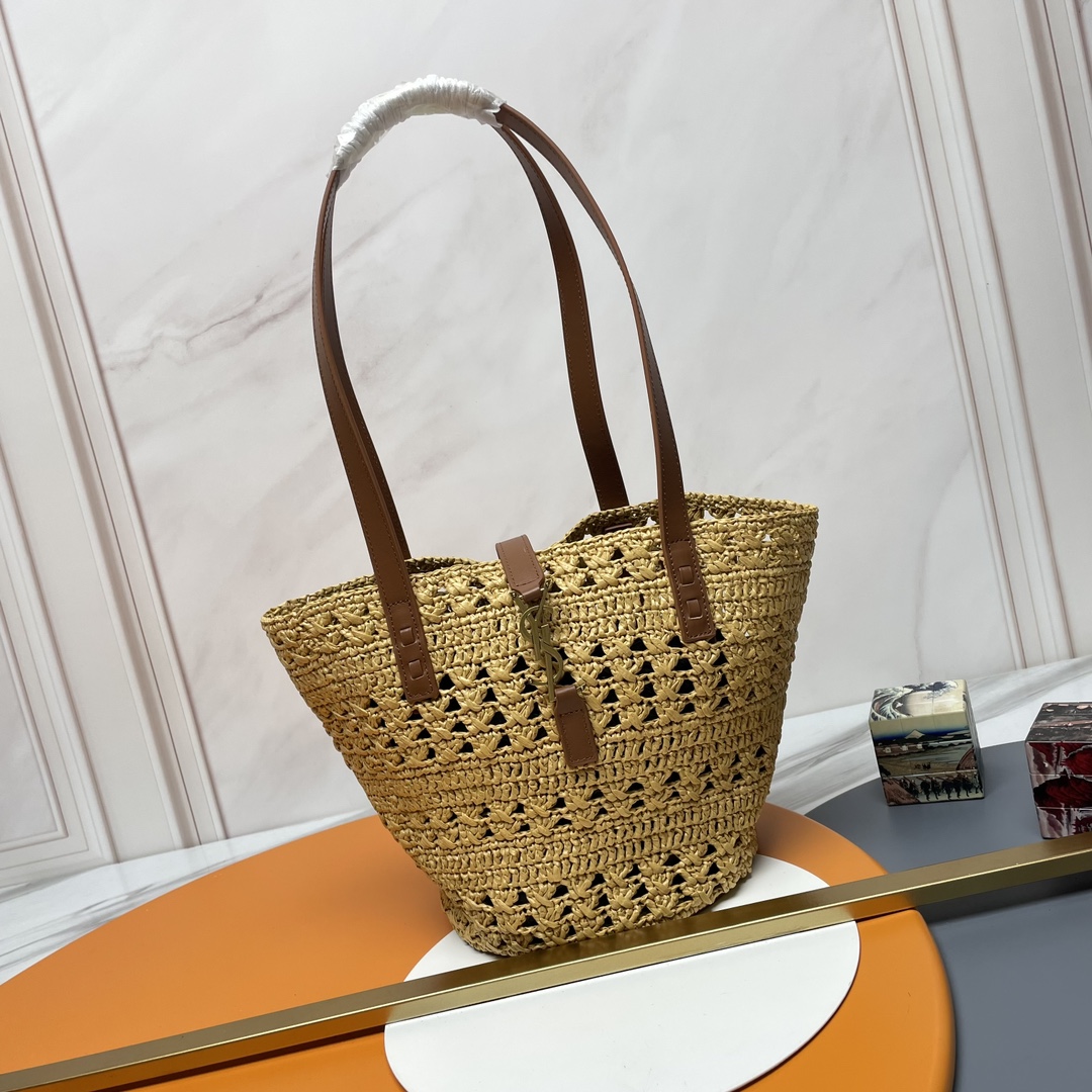 Saint Laurent YSL Small PANIER V-Shaped Hollow Woven Raffia Tote Bag