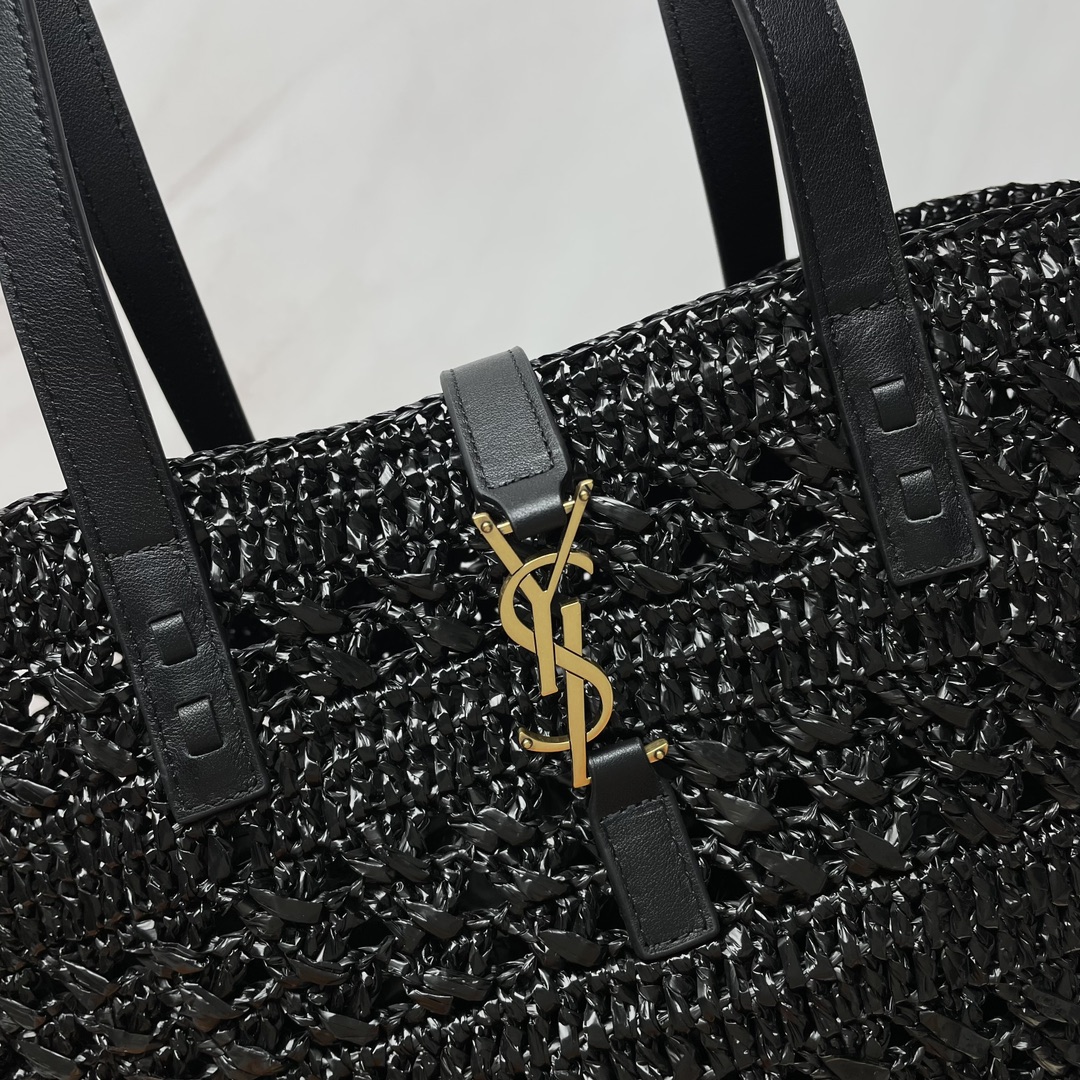 Saint Laurent YSL PANIER Hollow Woven Raffia Tote Bag, Black