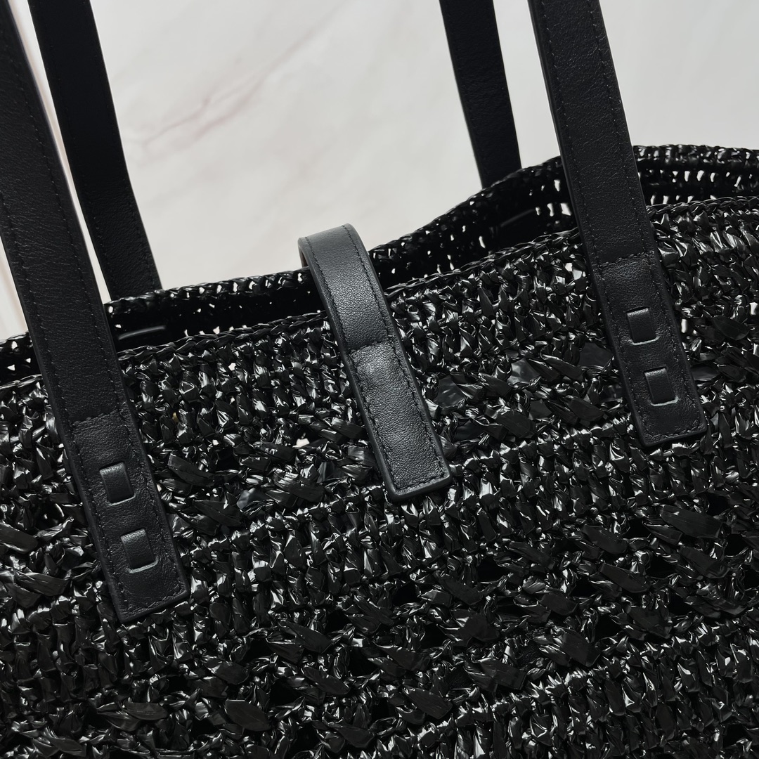 Saint Laurent YSL PANIER Hollow Woven Raffia Tote Bag, Black