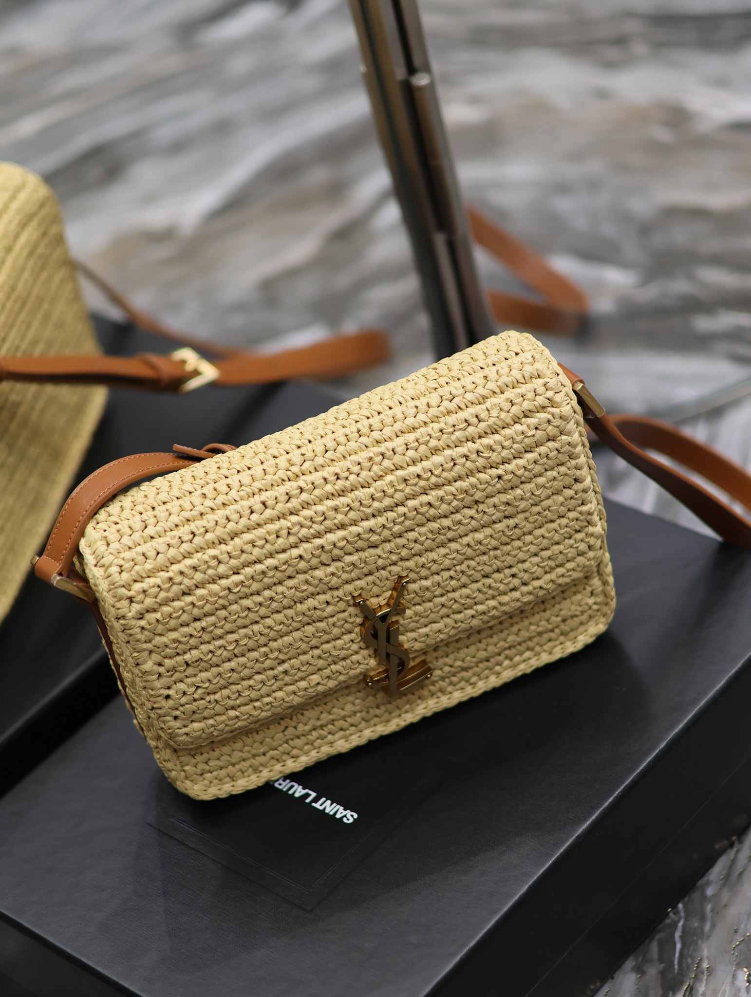 Saint Laurent Solferino Box Raffia Woven Bag