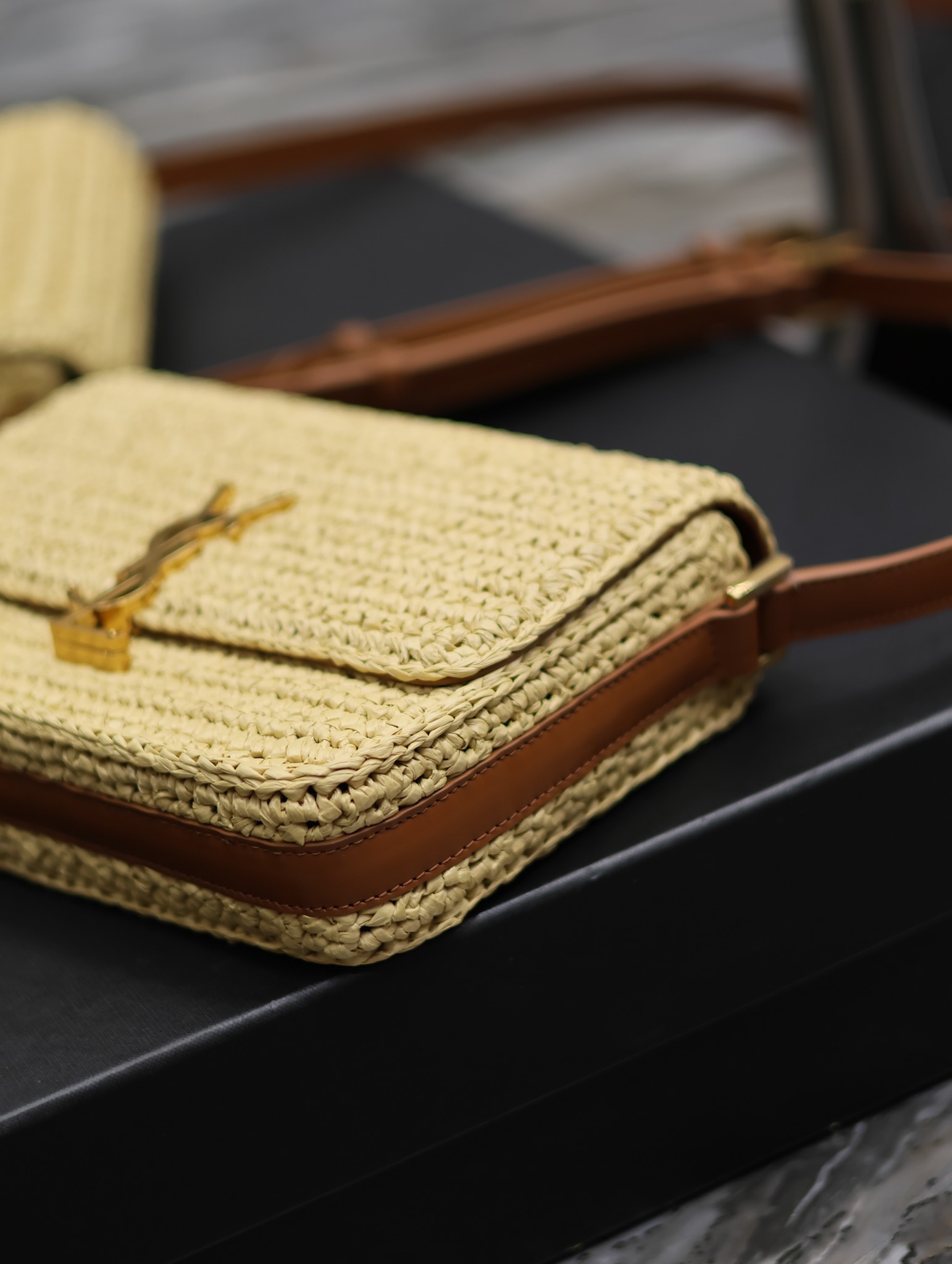 Saint Laurent Solferino Box Raffia Woven Bag