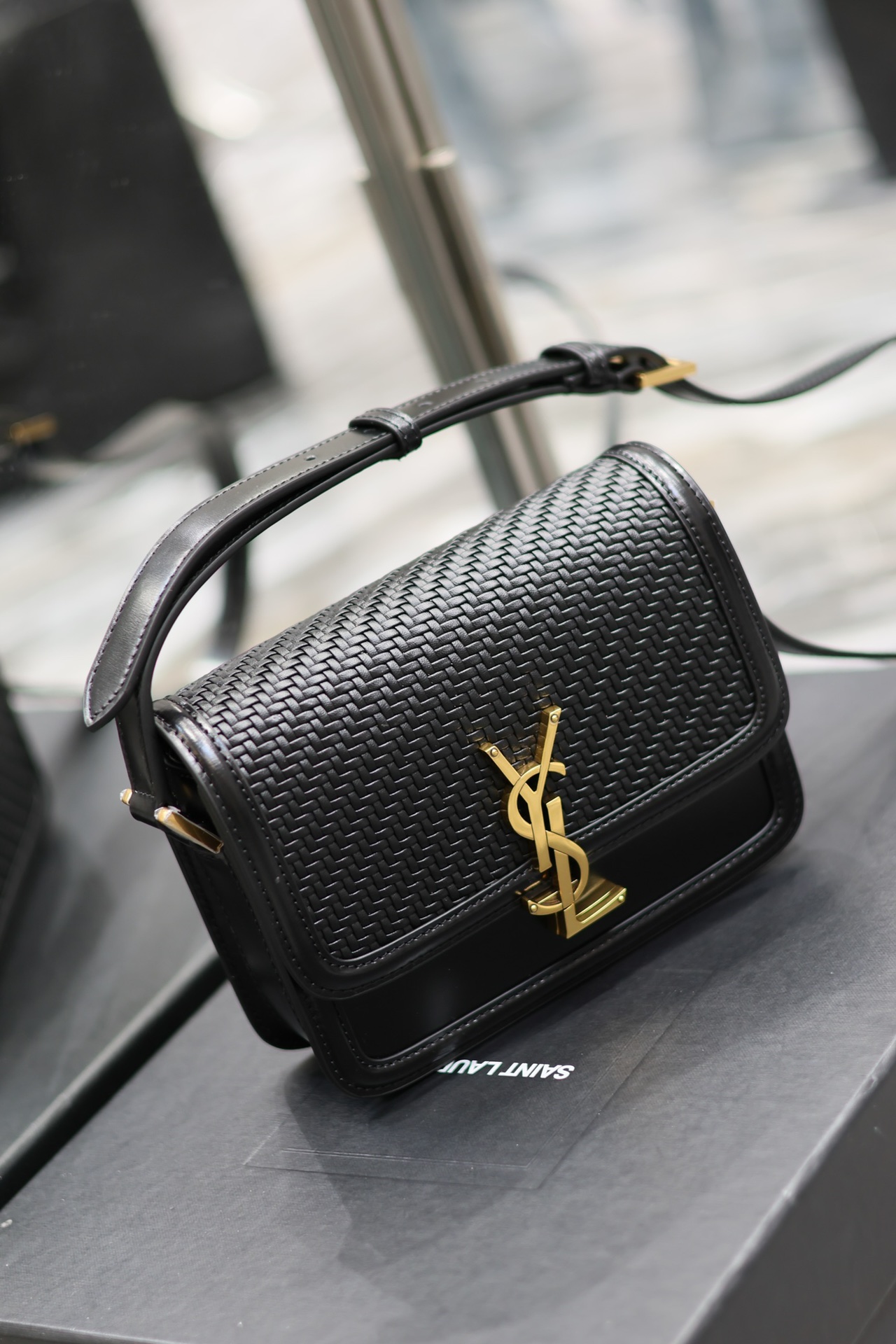 Saint Laurent Solferino Box Black Woven Bag with Gold Clasp