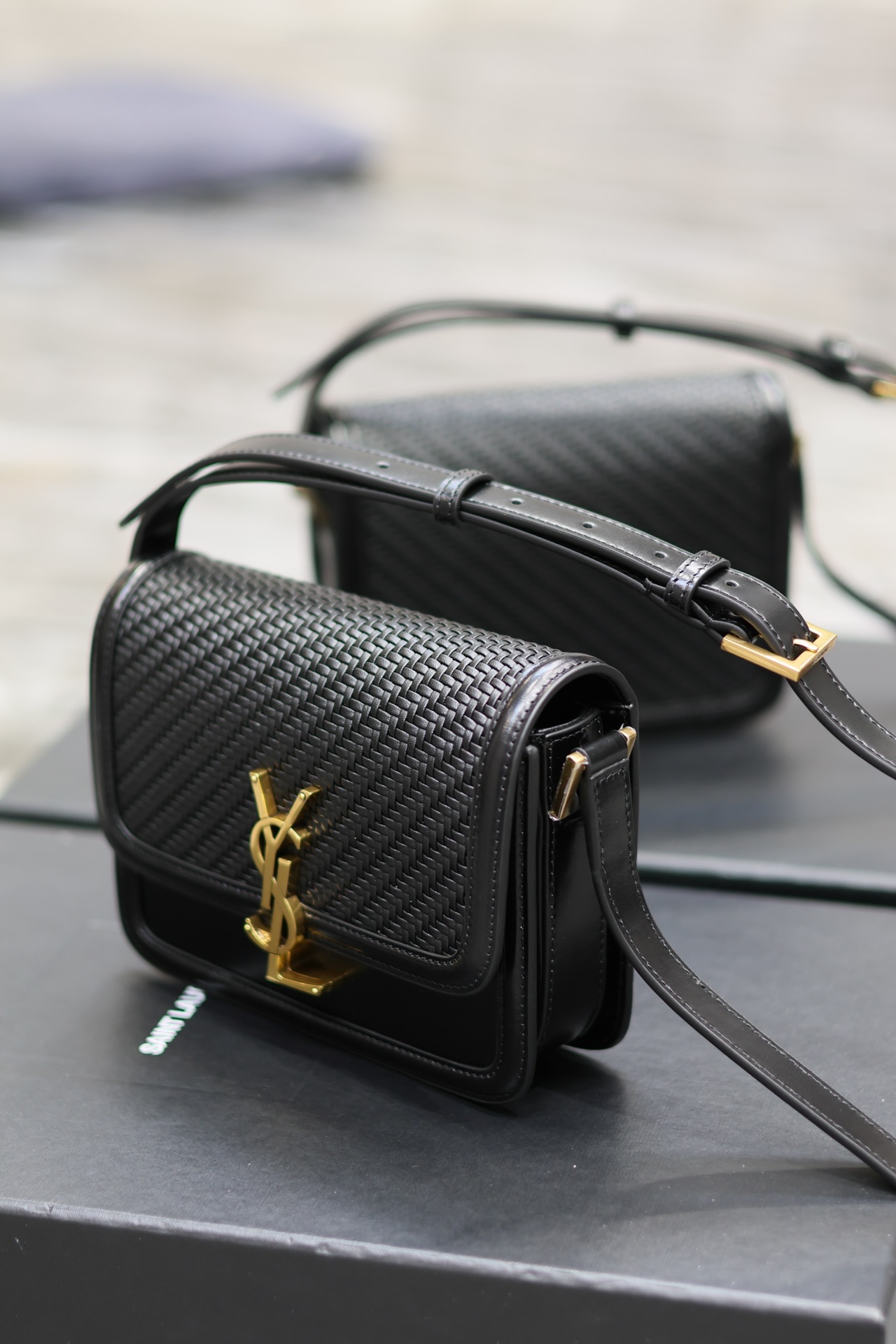 Saint Laurent Solferino Box Black Woven Bag with Gold Clasp