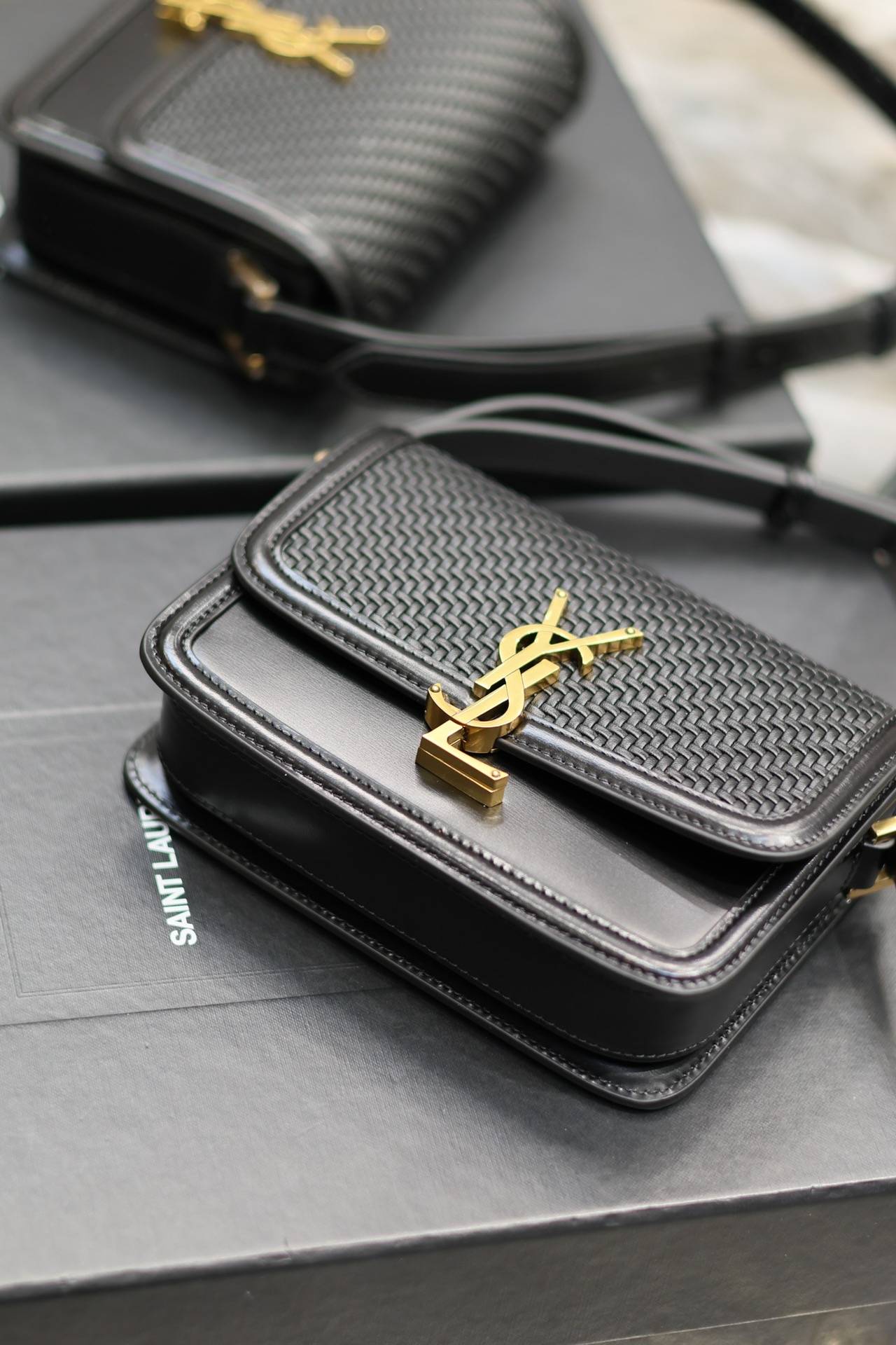 Saint Laurent Solferino Box Black Woven Bag with Gold Clasp