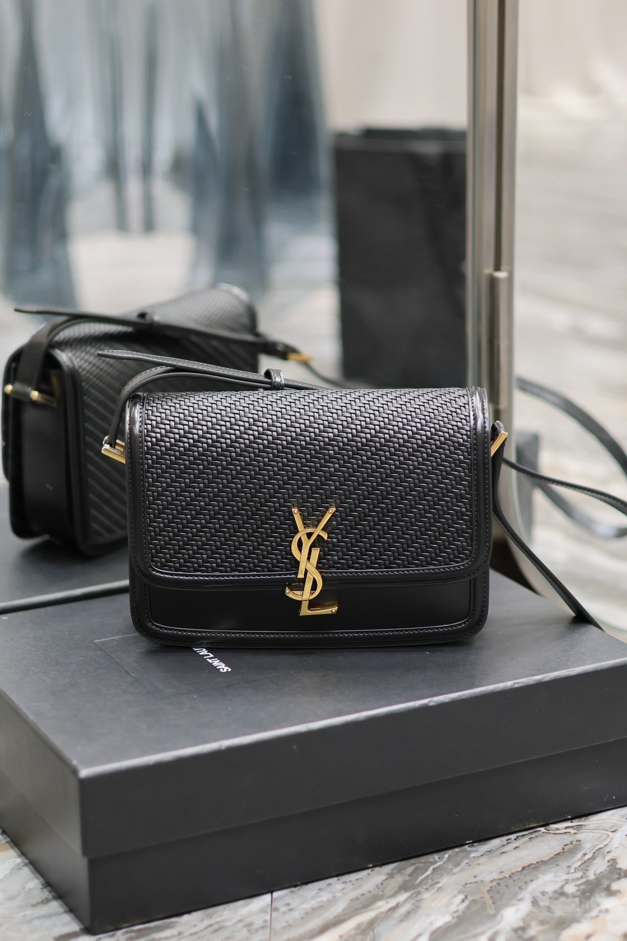 Saint Laurent Solferino Box Black Woven Bag with Gold Clasp