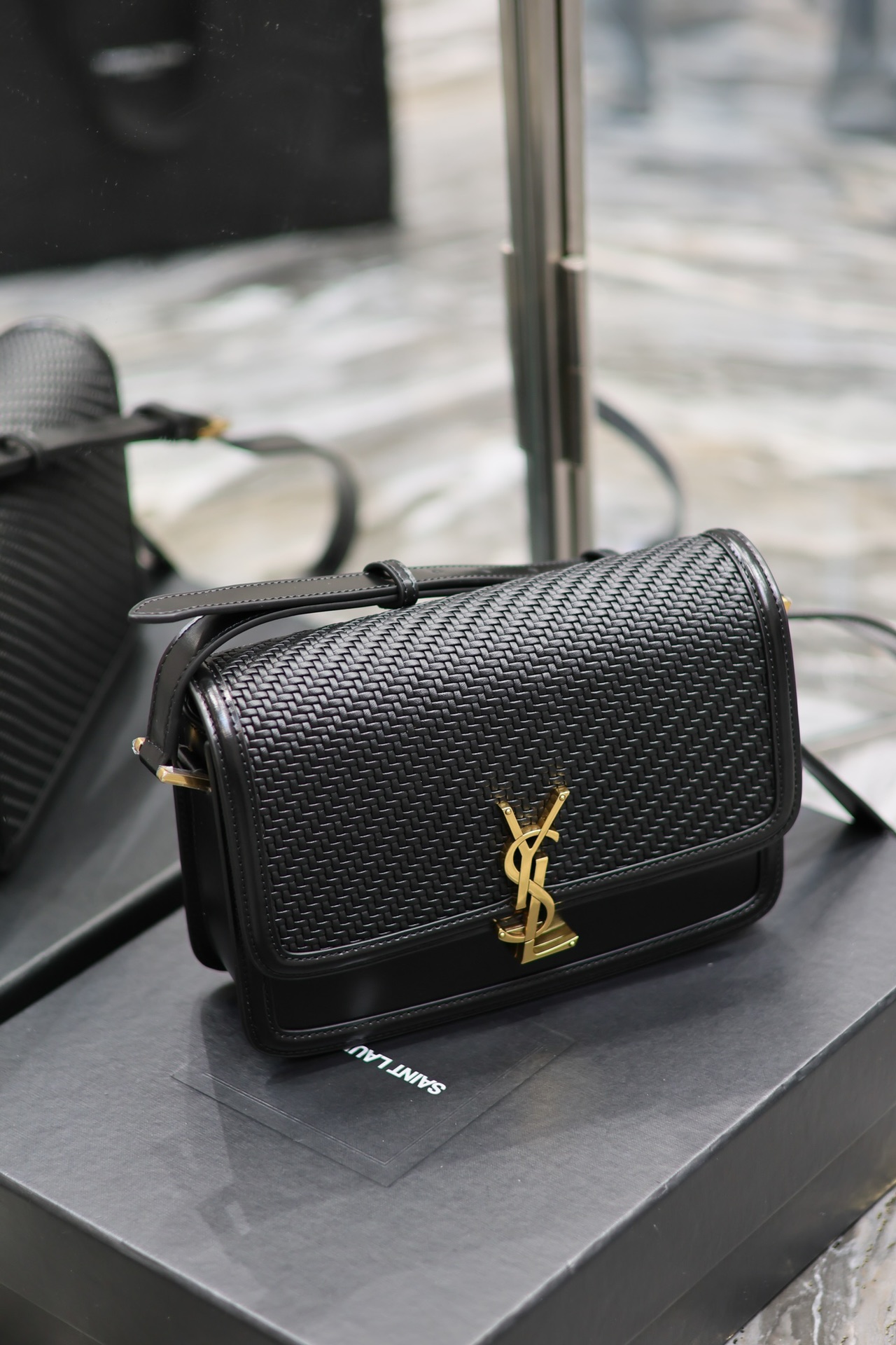 Saint Laurent Solferino Box Black Woven Bag with Gold Clasp