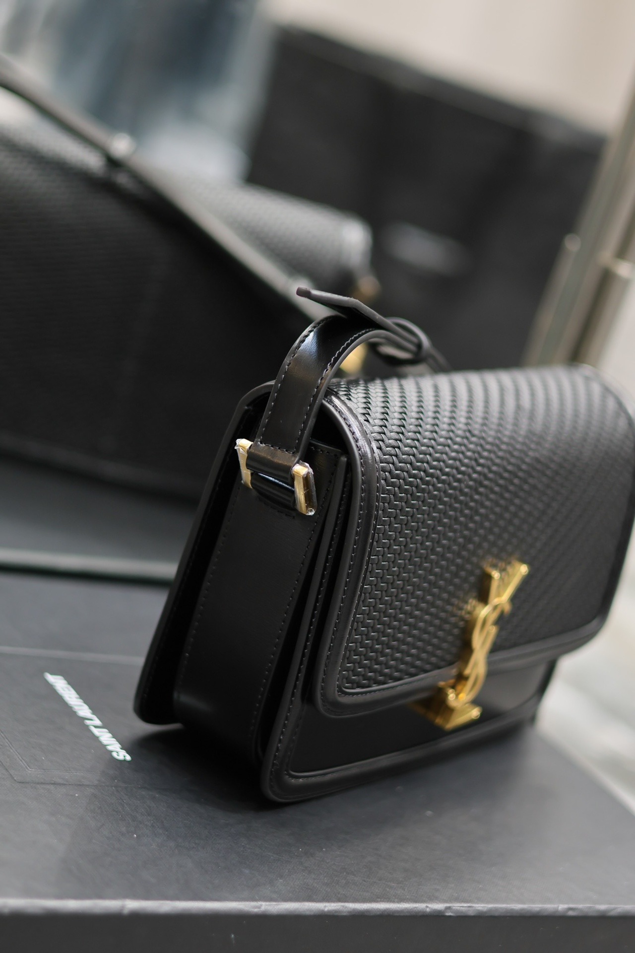 Saint Laurent Solferino Box Black Woven Bag with Gold Clasp