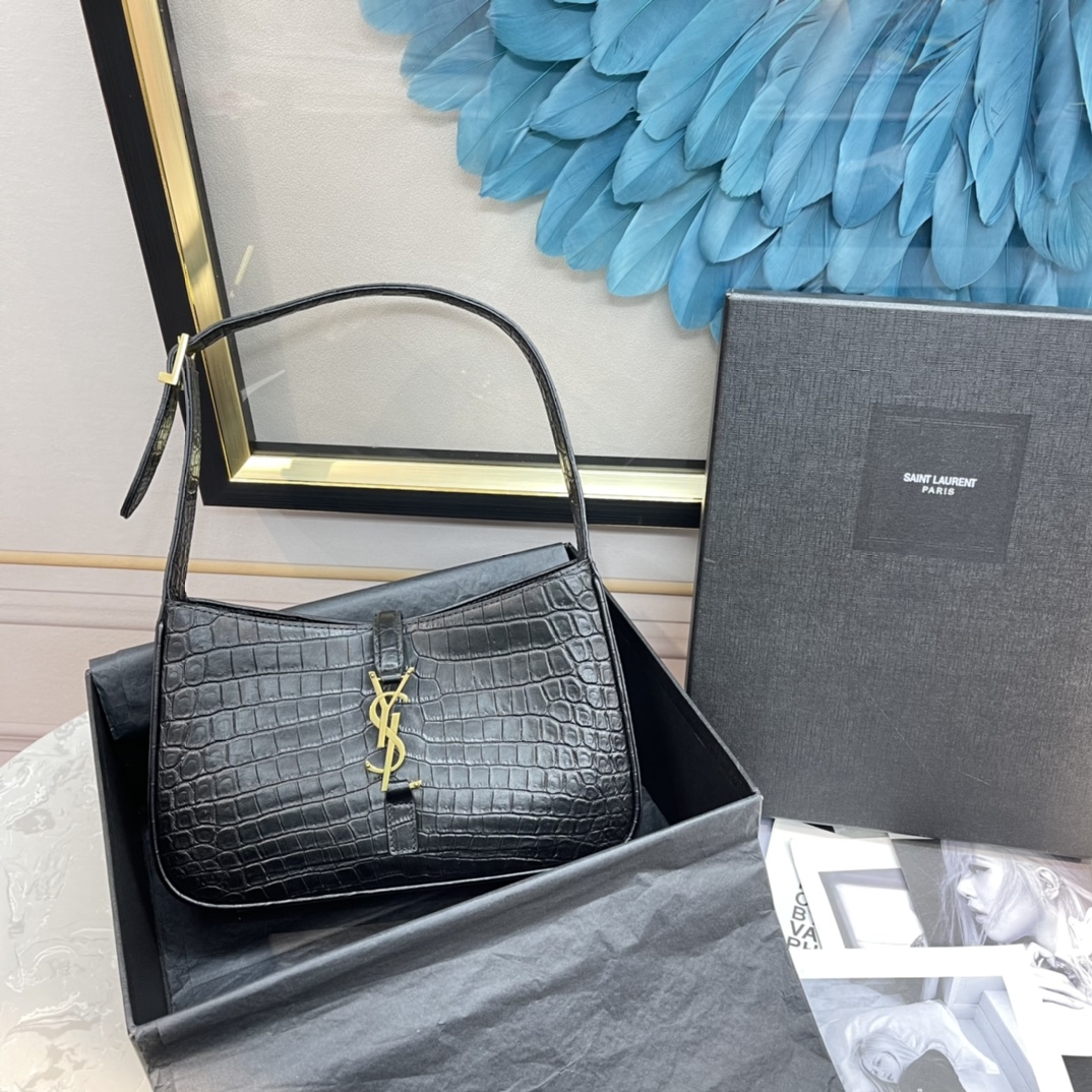 Saint Laurent Le 5 ?? 7 Black Leather Shoulder Bag Black Crocodile Pattern