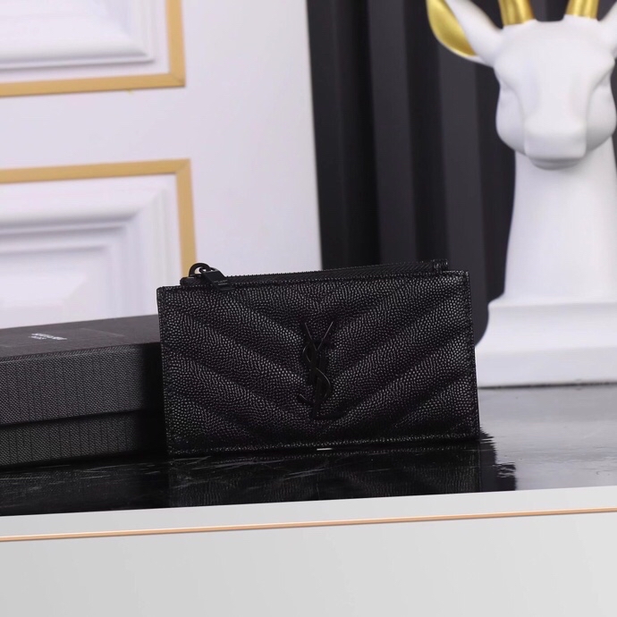 Saint Laurent New Caviar Leather Card Holder in Black with Silver Hardware