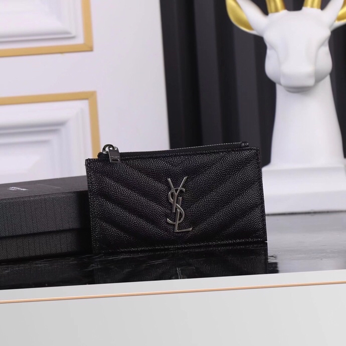 Saint Laurent New Caviar Leather Card Holder in Black with Silver Hardware