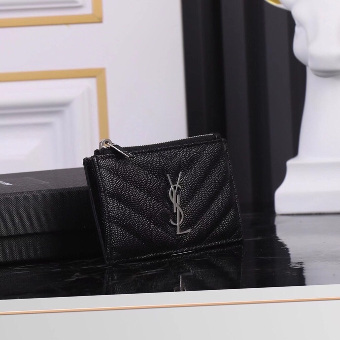 Saint Laurent New Caviar Leather Card Holder in Black with Silver Hardware