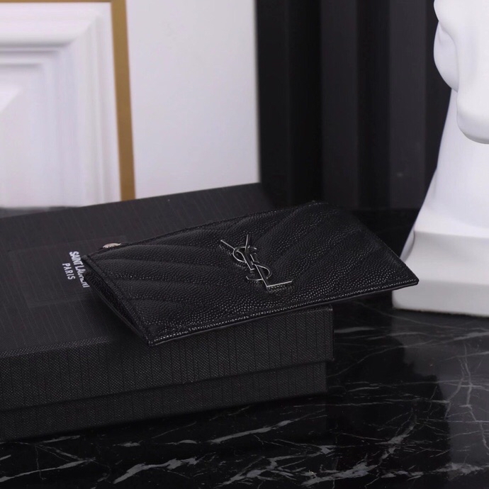 Saint Laurent New Caviar Leather Card Holder in Black with Silver Hardware