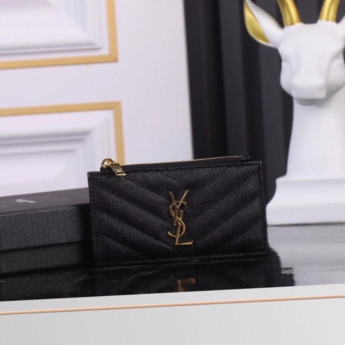 Saint Laurent New Caviar Leather Card Holder in Black with Gold Hardware