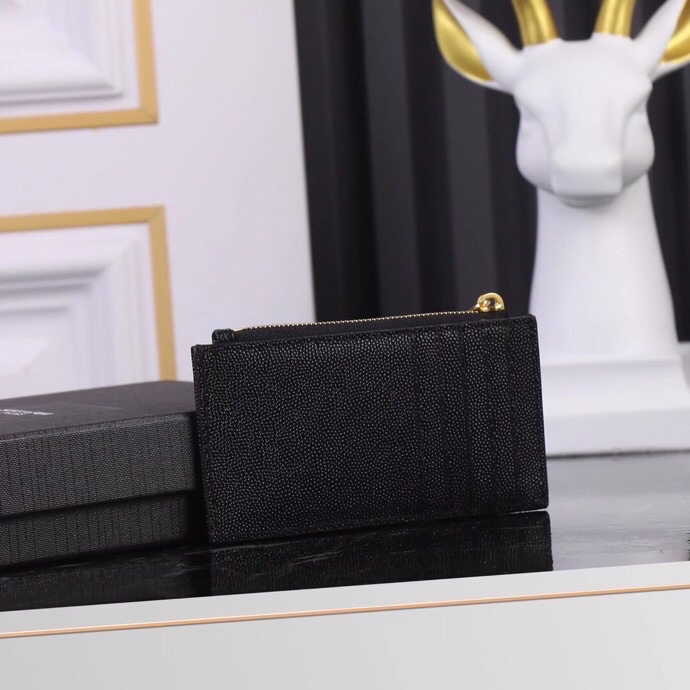 Saint Laurent New Caviar Leather Card Holder in Black with Gold Hardware