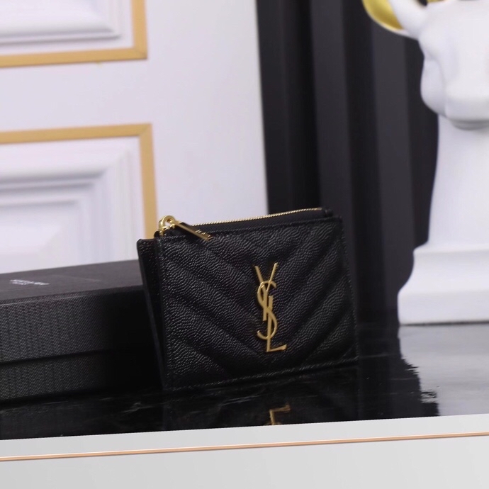 Saint Laurent New Caviar Leather Card Holder in Black with Gold Hardware