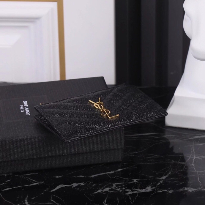 Saint Laurent New Caviar Leather Card Holder in Black with Gold Hardware