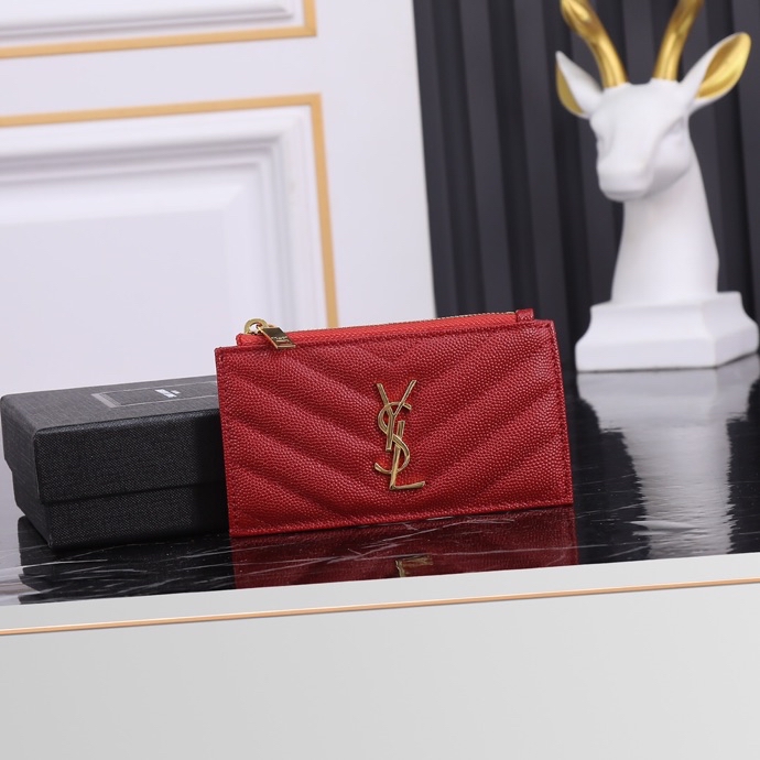 Saint Laurent New Caviar Leather Card Holder in Red with Gold Hardware