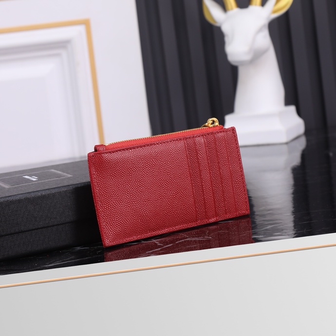 Saint Laurent New Caviar Leather Card Holder in Red with Gold Hardware