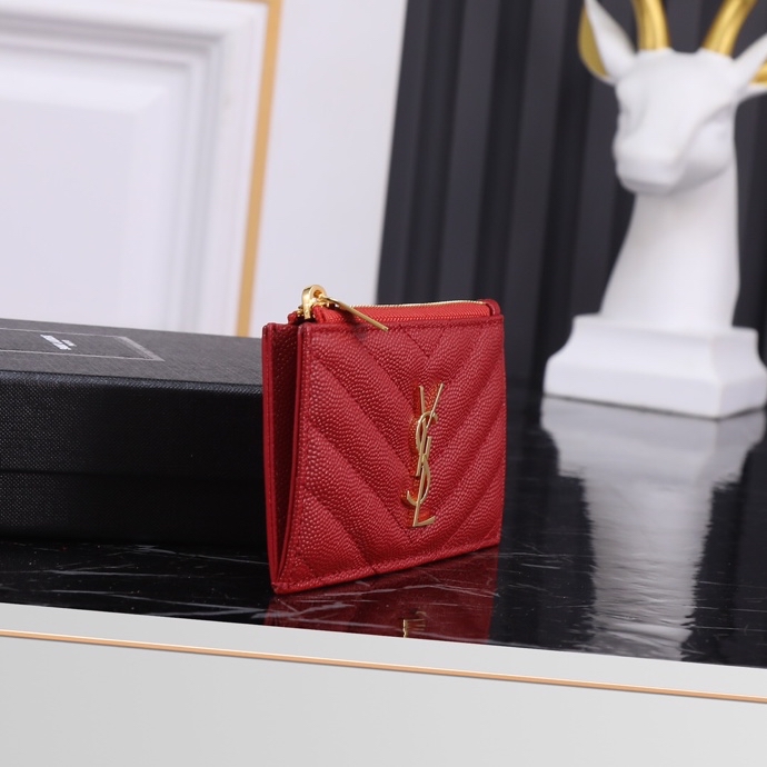 Saint Laurent New Caviar Leather Card Holder in Red with Gold Hardware