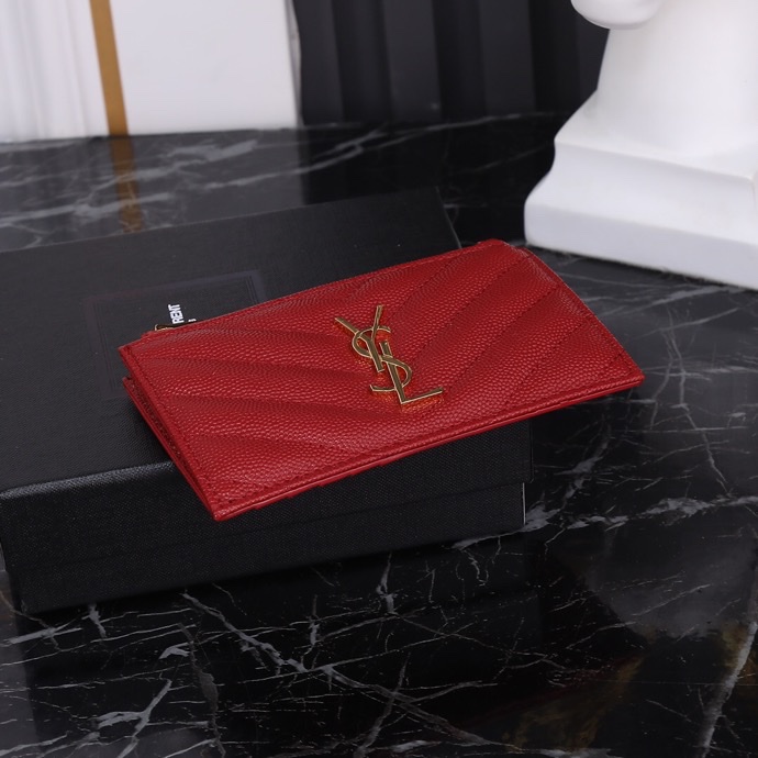 Saint Laurent New Caviar Leather Card Holder in Red with Gold Hardware