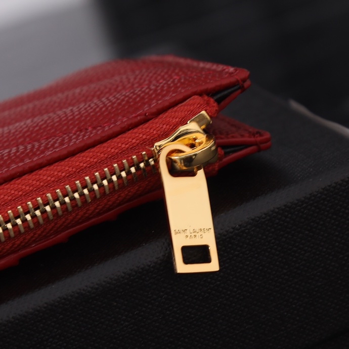 Saint Laurent New Caviar Leather Card Holder in Red with Gold Hardware