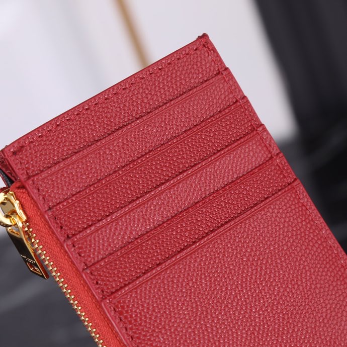 Saint Laurent New Caviar Leather Card Holder in Red with Gold Hardware