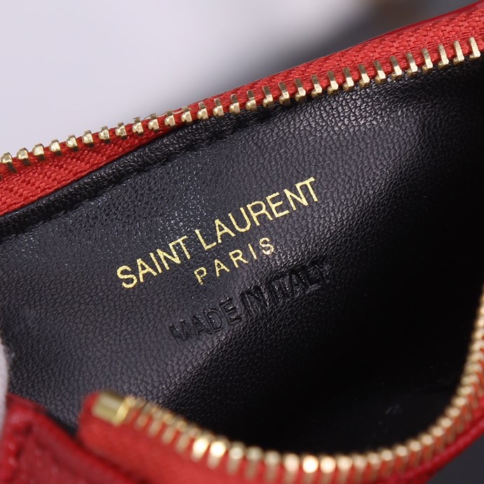 Saint Laurent New Caviar Leather Card Holder in Red with Gold Hardware