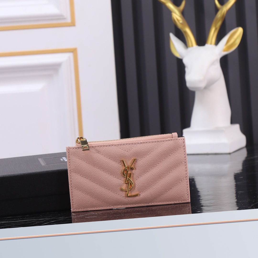 Saint Laurent New Caviar Leather Card Holder in Pink with Gold Hardware