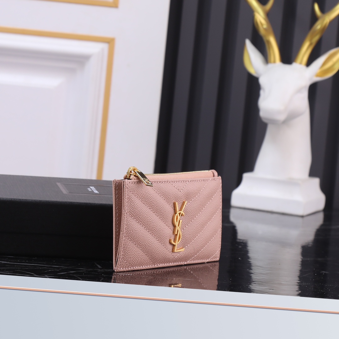 Saint Laurent New Caviar Leather Card Holder in Pink with Gold Hardware