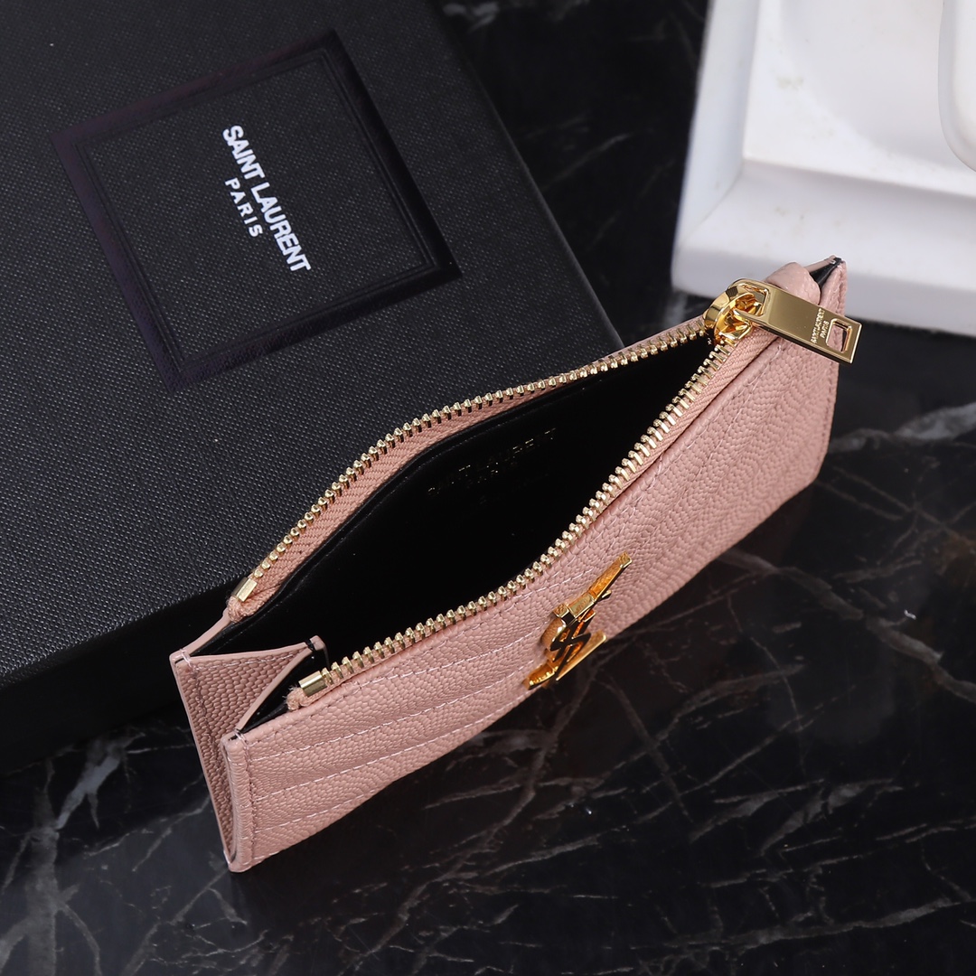 Saint Laurent New Caviar Leather Card Holder in Pink with Gold Hardware