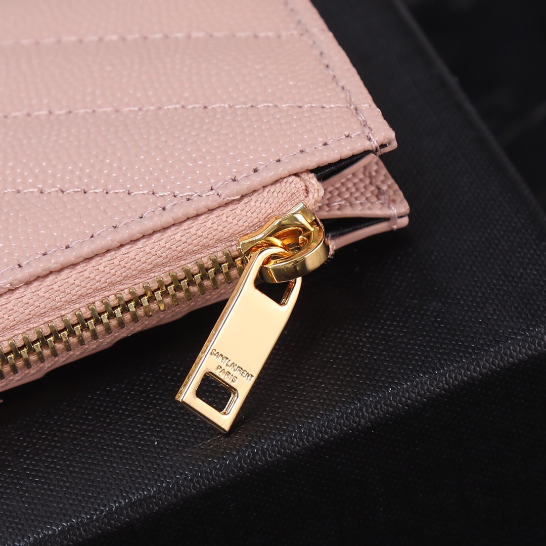 Saint Laurent New Caviar Leather Card Holder in Pink with Gold Hardware