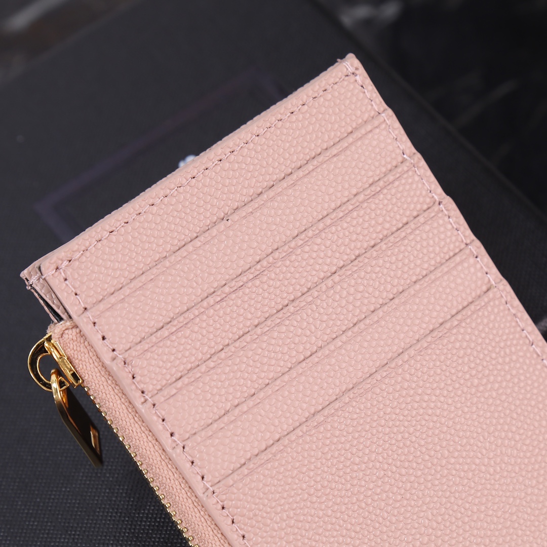 Saint Laurent New Caviar Leather Card Holder in Pink with Gold Hardware