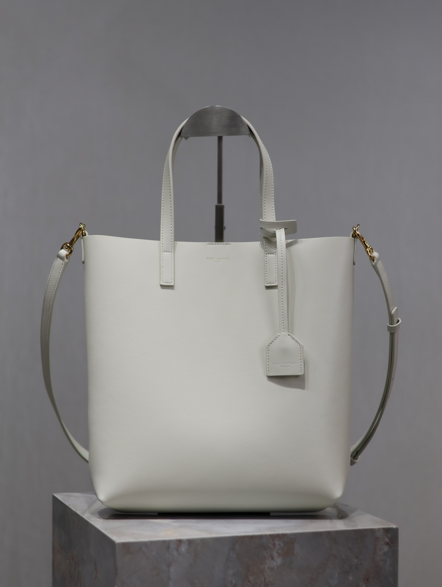 Saint Laurent White Vertical Shopping Tote Bag (With Shoulder Strap)