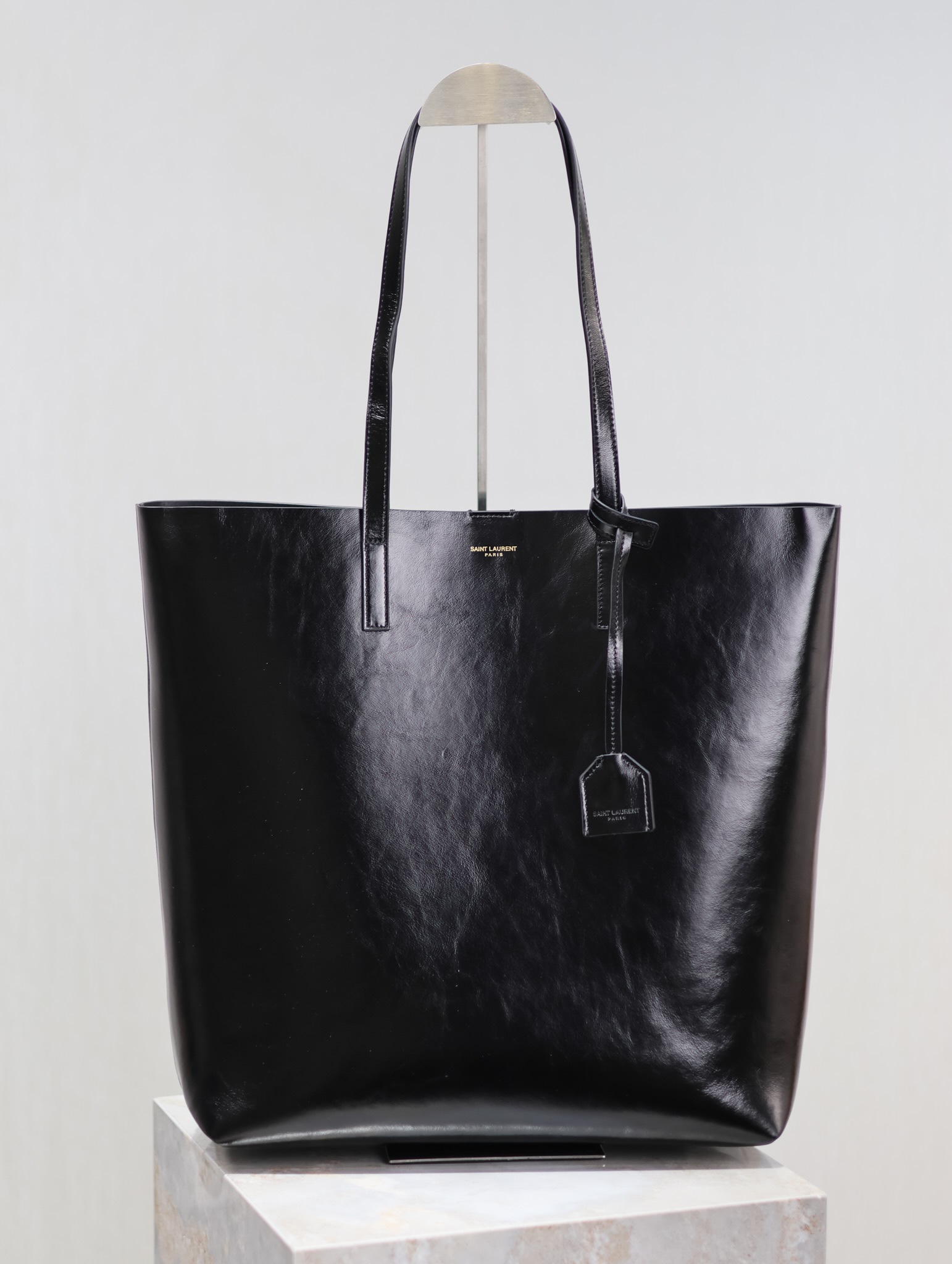 Saint Laurent Black Waxed Leather Vertical Shopping Tote Bag