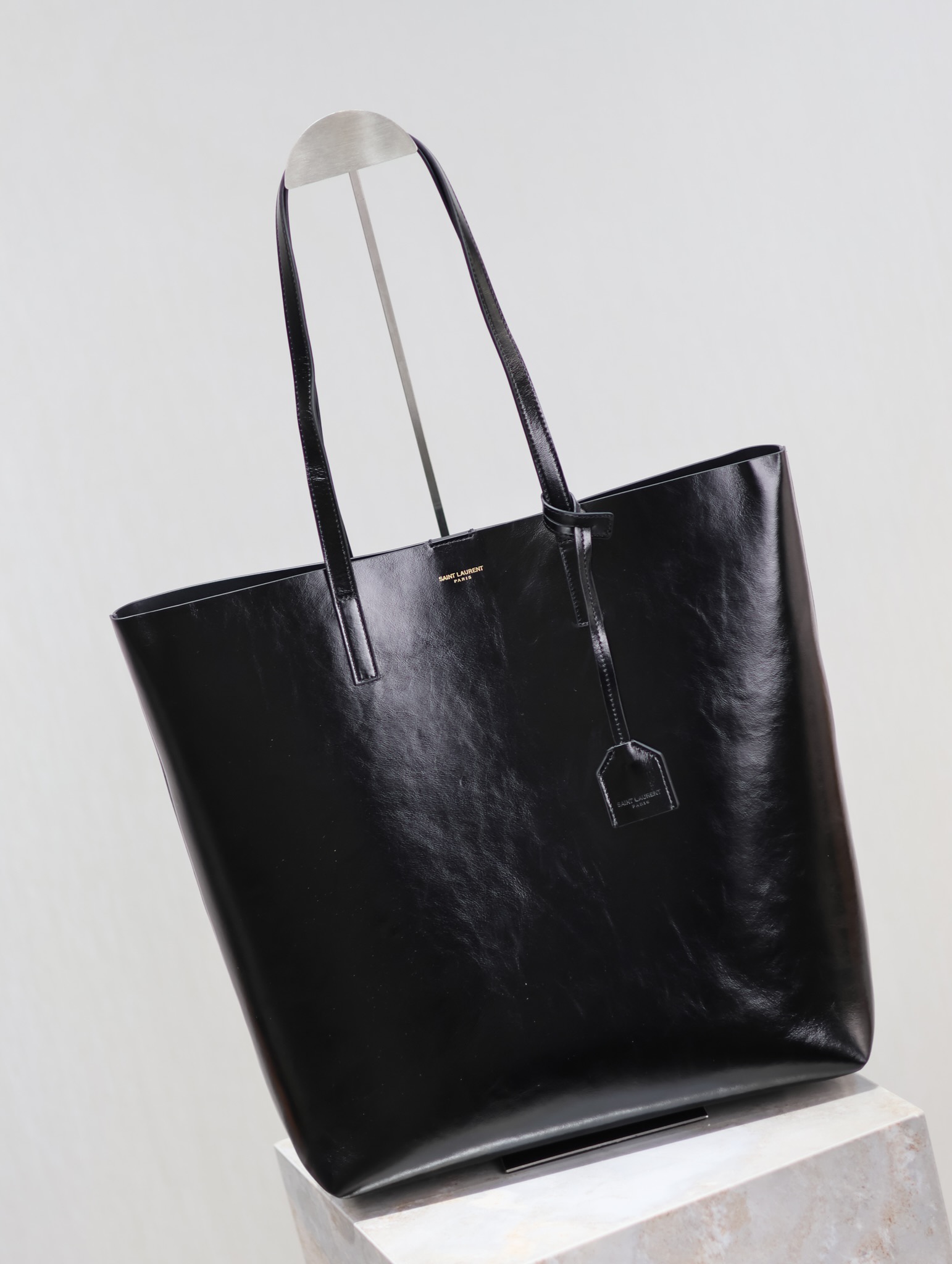 Saint Laurent Black Waxed Leather Vertical Shopping Tote Bag