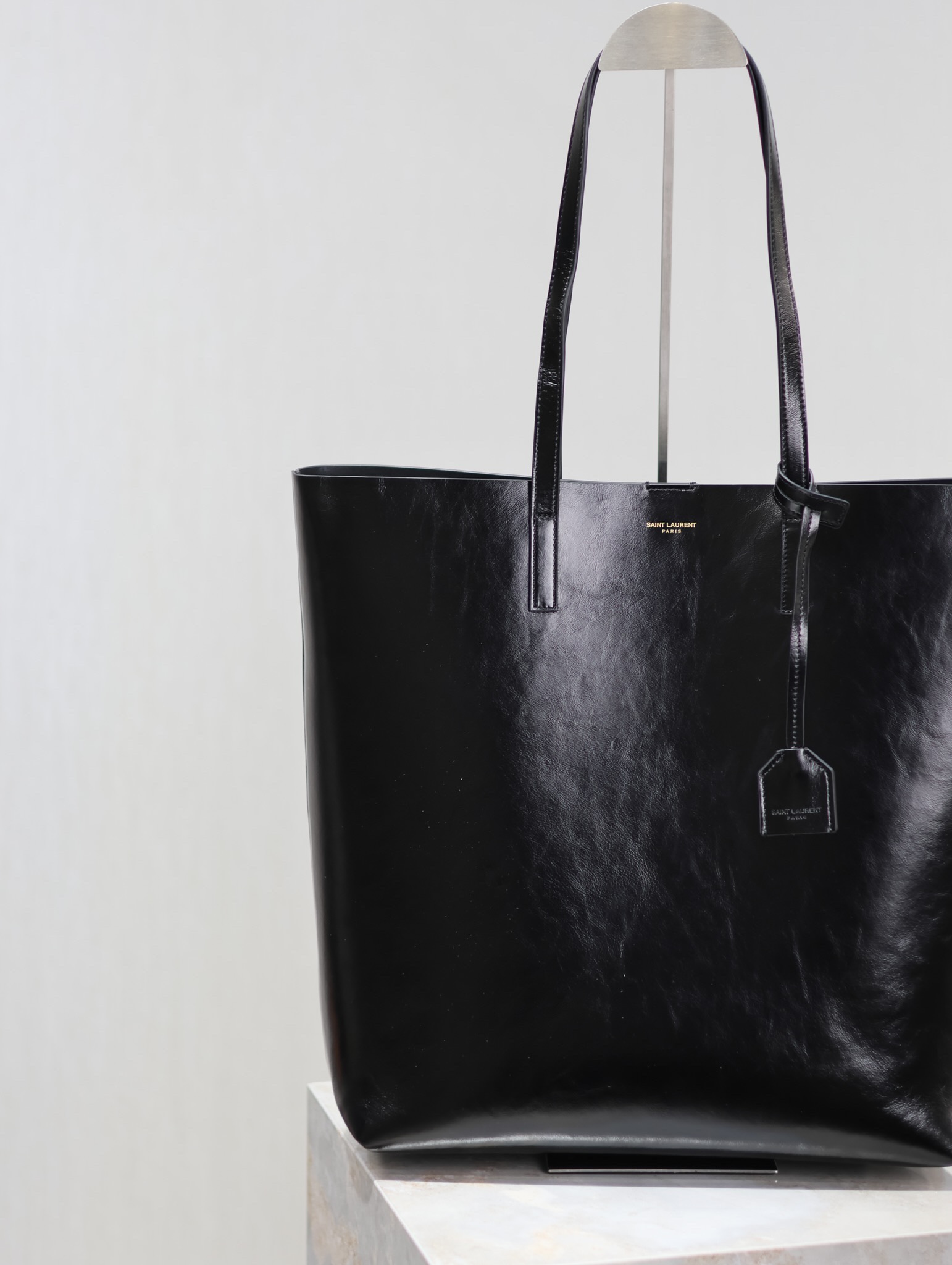 Saint Laurent Black Waxed Leather Vertical Shopping Tote Bag