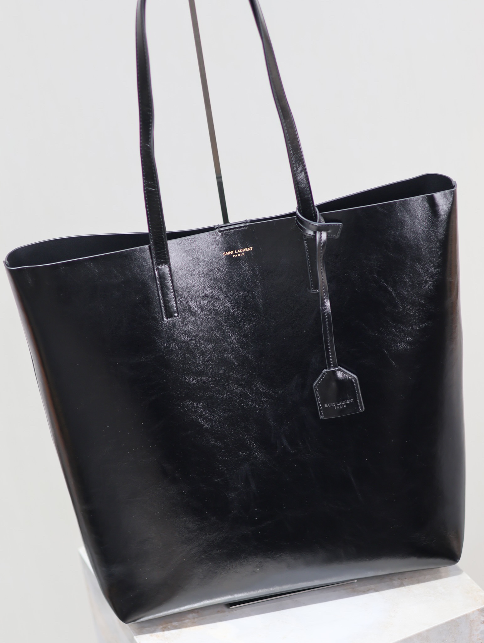 Saint Laurent Black Waxed Leather Vertical Shopping Tote Bag