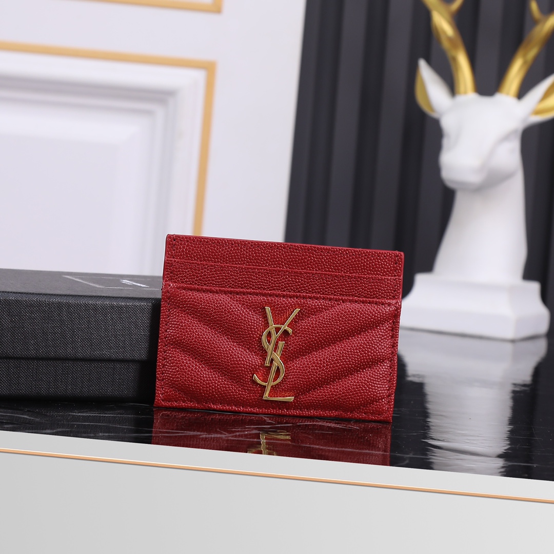 Saint Laurent YSL SLP Card Holder in Red with Gold Hardware