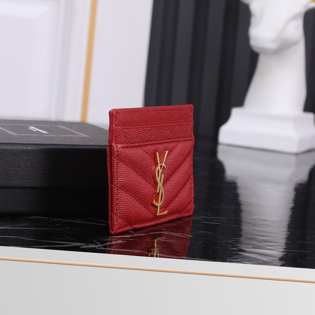 Saint Laurent YSL SLP Card Holder in Red with Gold Hardware 